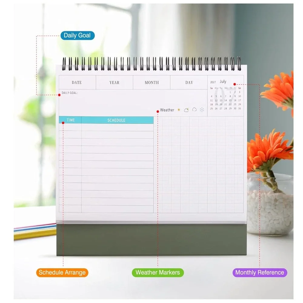 2026-2027 Desk Calendar 24 Month Standing Flip Planner White Sage Green 9.8x9.6